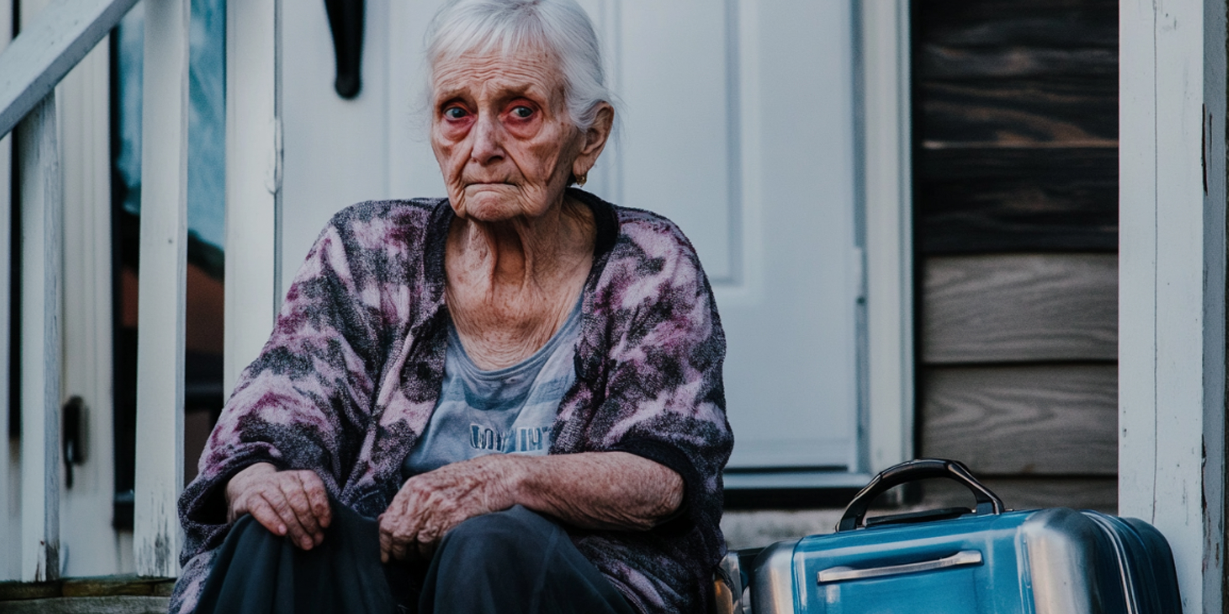 Une grand-mère triste assise sous le porche avec sa valise bouclée | Source : Amomama