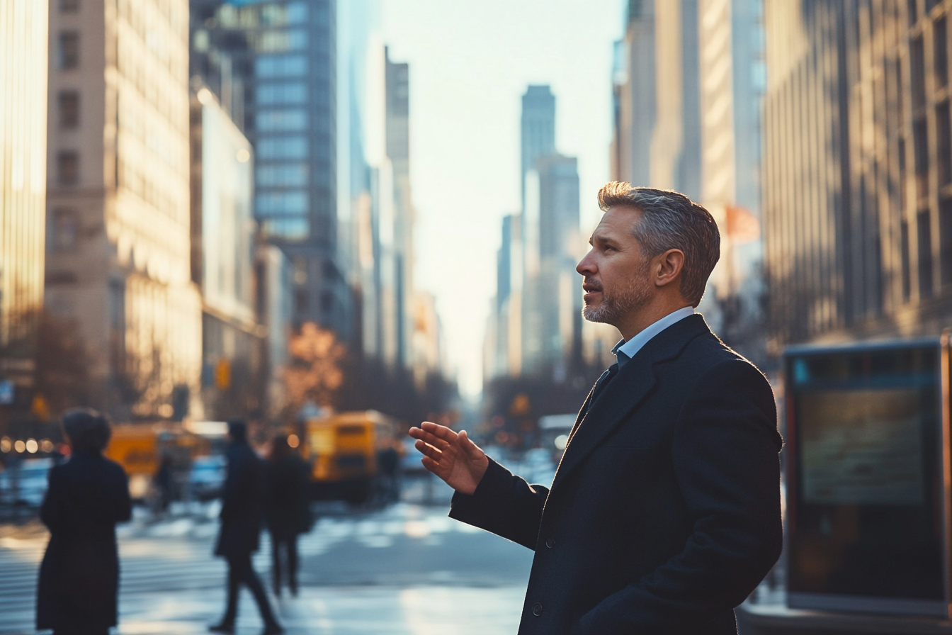 Un homme d'affaires parle à quelqu'un au coin d'une rue | Source : Midjourney