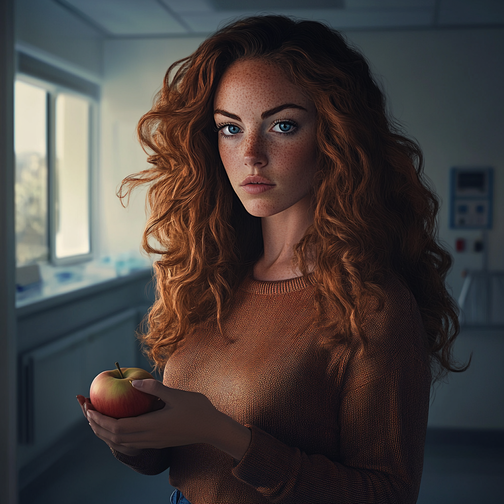 Une femme tenant une pomme | Source : Midjourney