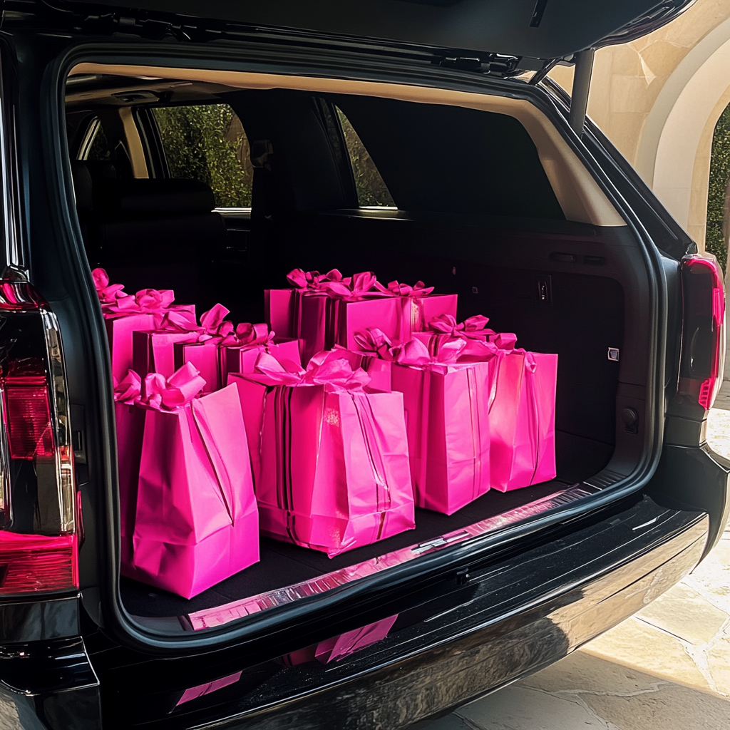 Sacs cadeaux roses dans un coffre | Source : Midjourney