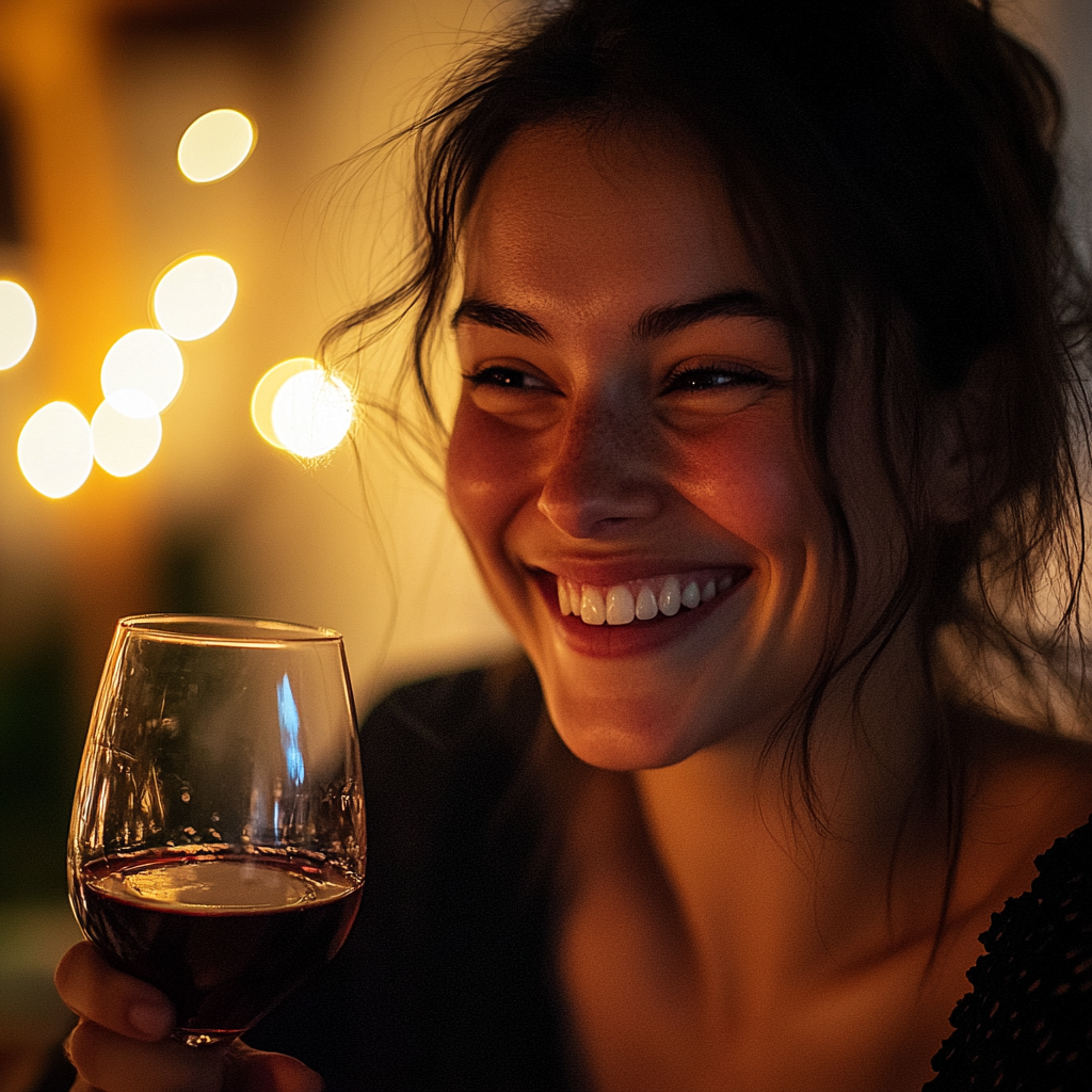 Une femme souriante tenant un verre de vin | Source : Midjourney