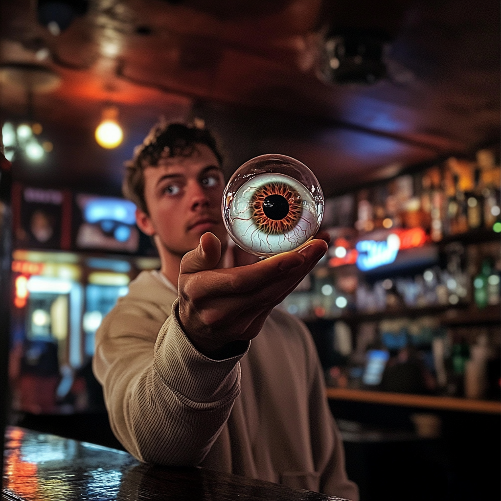 Un homme tenant un globe oculaire en verre | Source : Midjourney