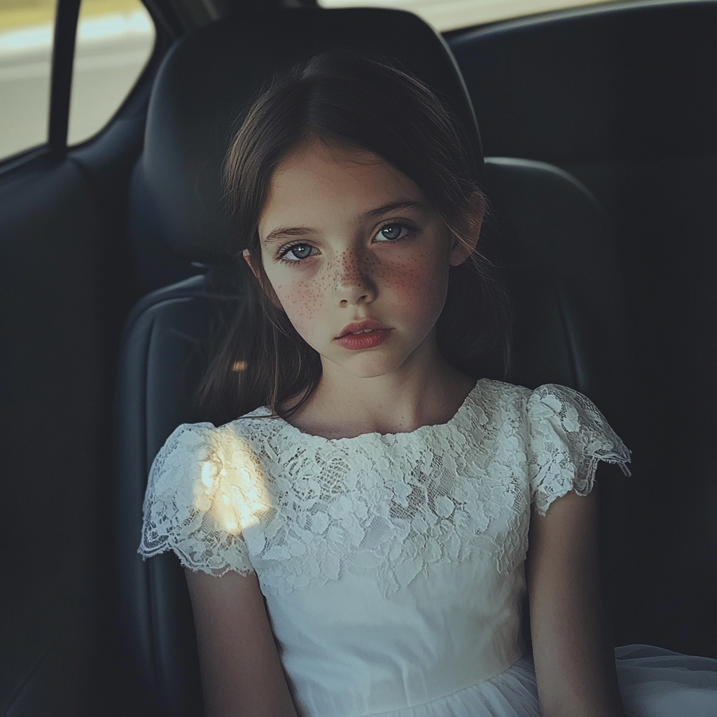 Une fille triste sur la banquette arrière de la voiture | Source : Midjourney