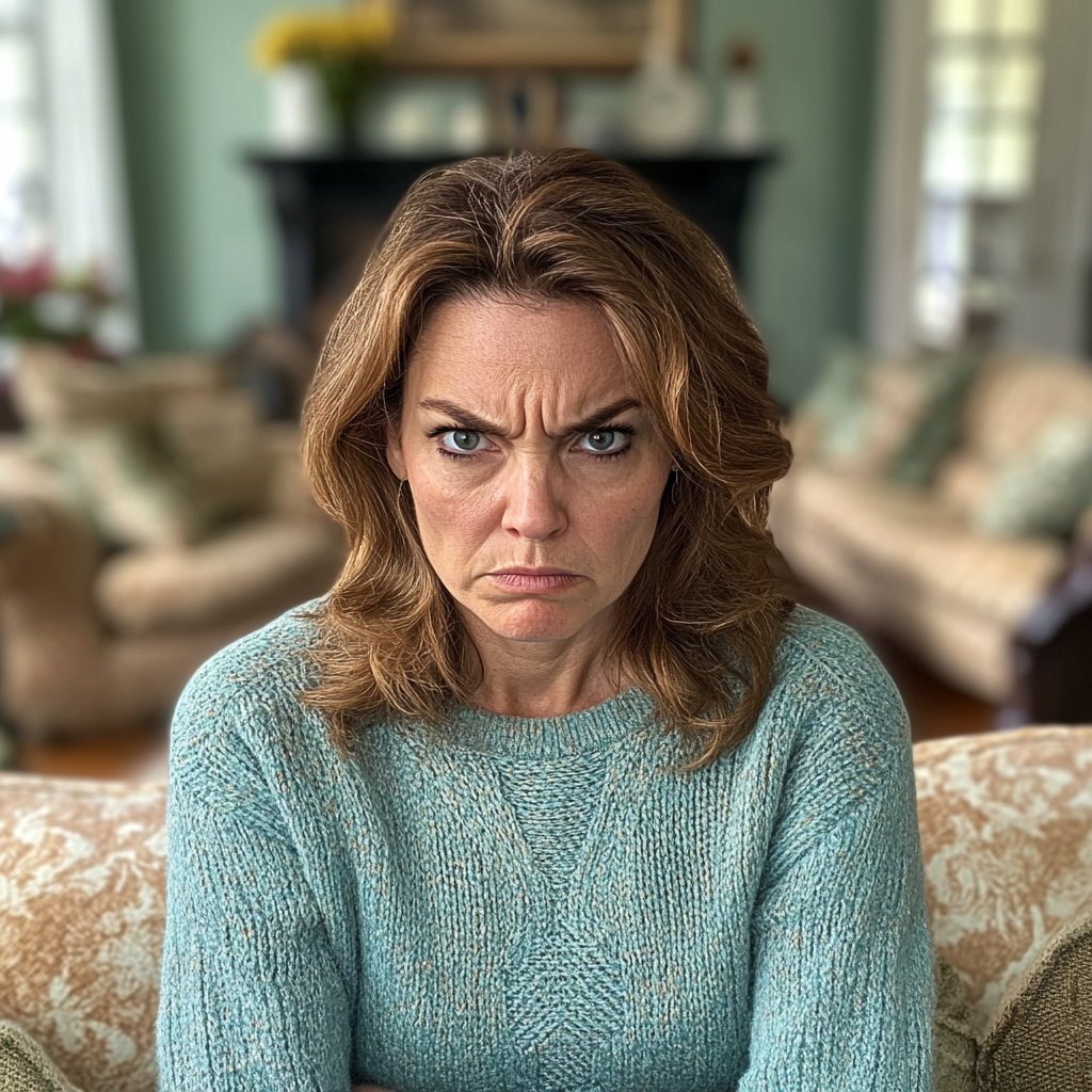 An angry woman in her living room | Source: Midjourney