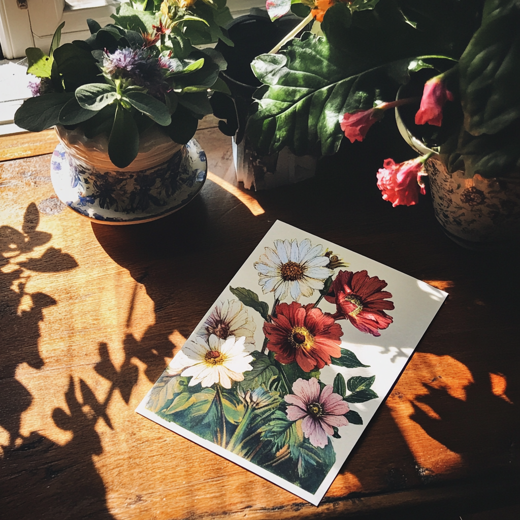 Une carte postale florale sur une table | Source : Midjourney