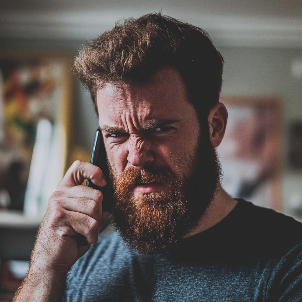 Un homme en colère qui parle au téléphone dans son salon | Source : Midjourney