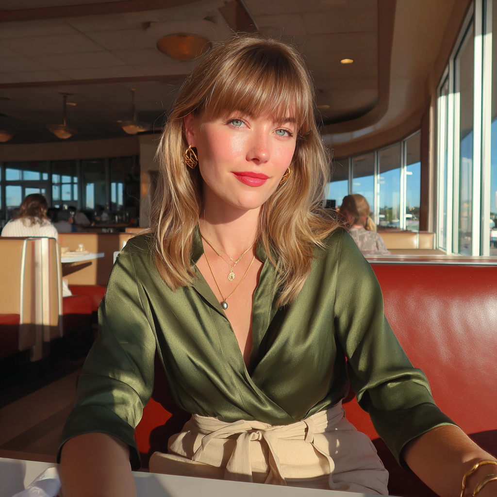Une femme souriante assise dans un restaurant | Source : Midjourney