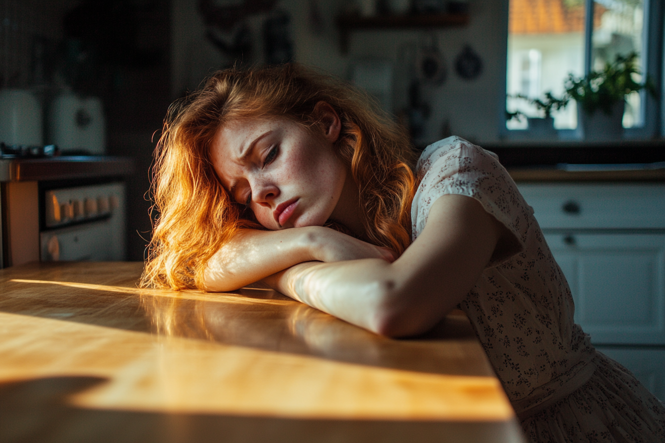 Une femme épuisée se reposant sur une table de cuisine | Source : Midjourney