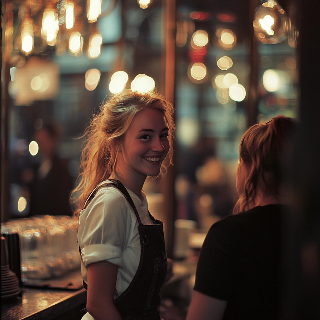 Une serveuse souriante qui s'éloigne avec une femme | Source : Midjourney