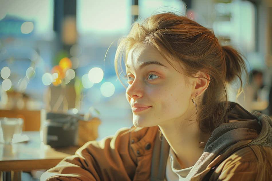 Une femme assise sur le canapé et souriante | Source : Midjourney