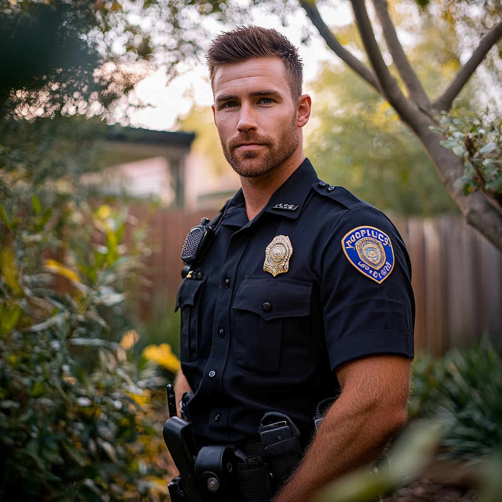 Un jeune policier debout dans le jardin d'une maison | Source : Midjourney