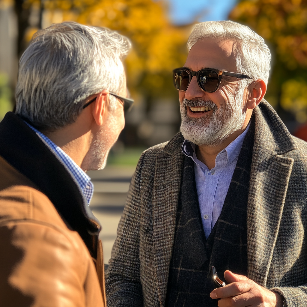 Deux hommes souriants en train de parler | Source : Midjourney