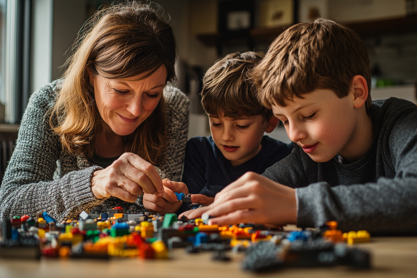 Une femme construisant des LEGO avec ses fils | Source : Midjourney