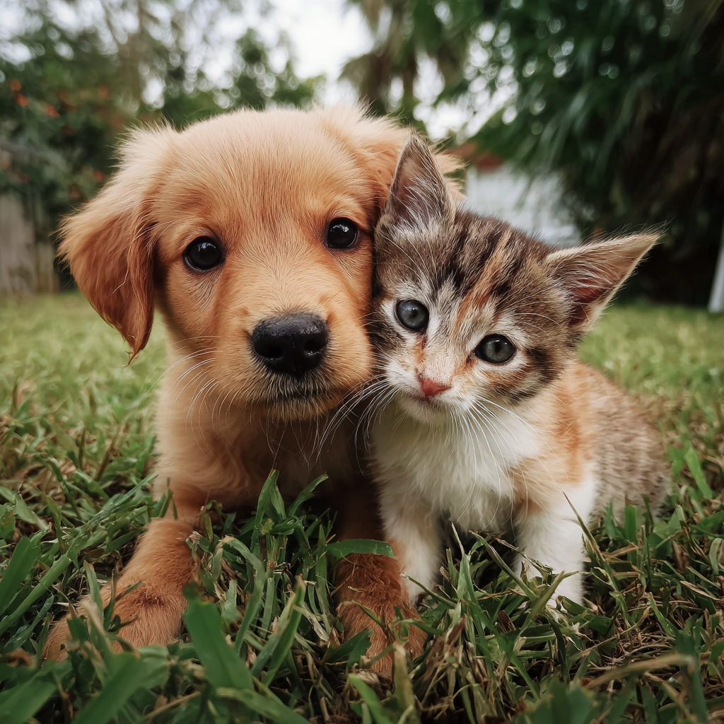 Un chiot et un chaton assis dans l'herbe | Source : Midjourney