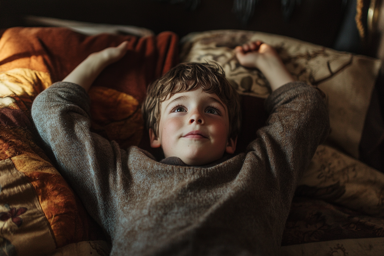 Un enfant qui a l'air heureux, allongé dans son lit | Source : Midjourney