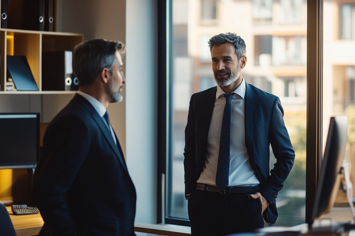 Deux hommes debout dans un bureau | Source : Midjourney