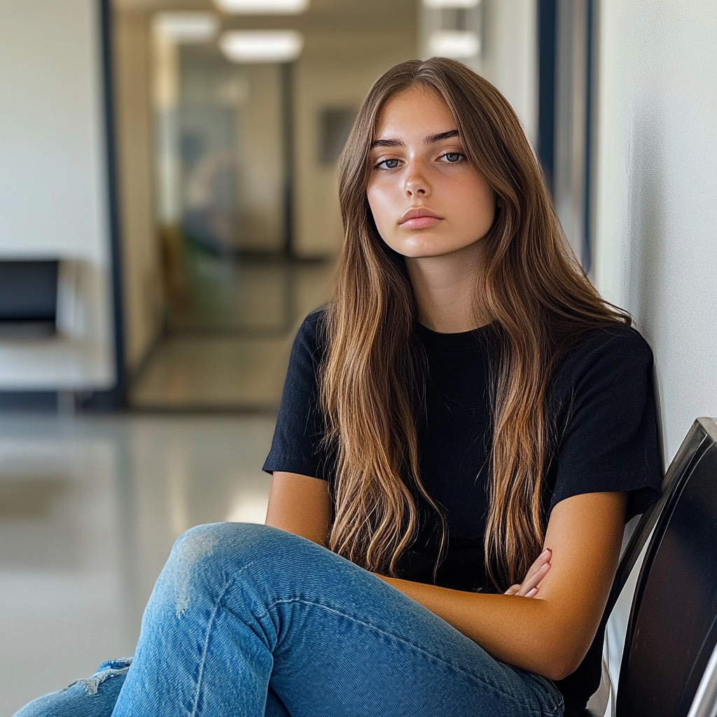 Une jeune femme assise dans une salle d'attente | Source : Midjourney