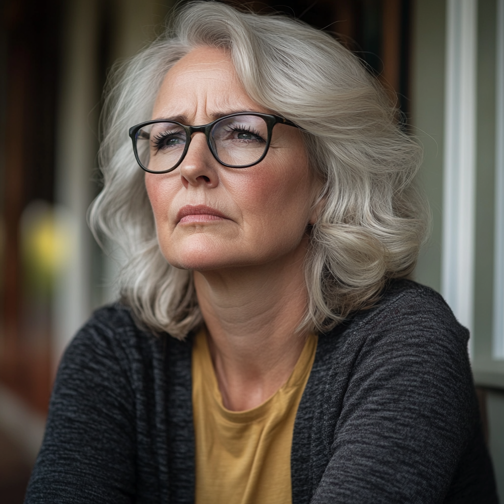 Une femme à l'air pensive et anxieuse alors qu'elle est assise sous son porche d'entrée | Source : Midjourney