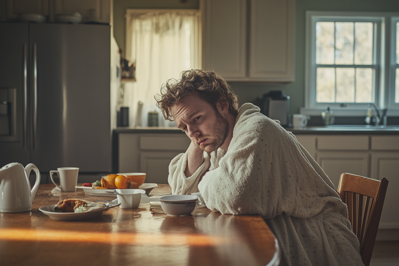 Un homme malade assis à une table de cuisine | Source : Midjourney