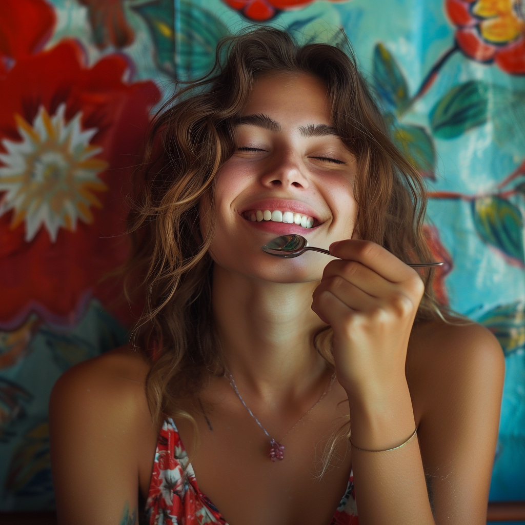 Une femme tenant une cuillère et souriant les yeux fermés | Source : Midjourney