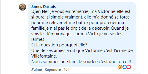 La réponse du père de Victorine à une internaute. | Photo : Facebook / James Dartois