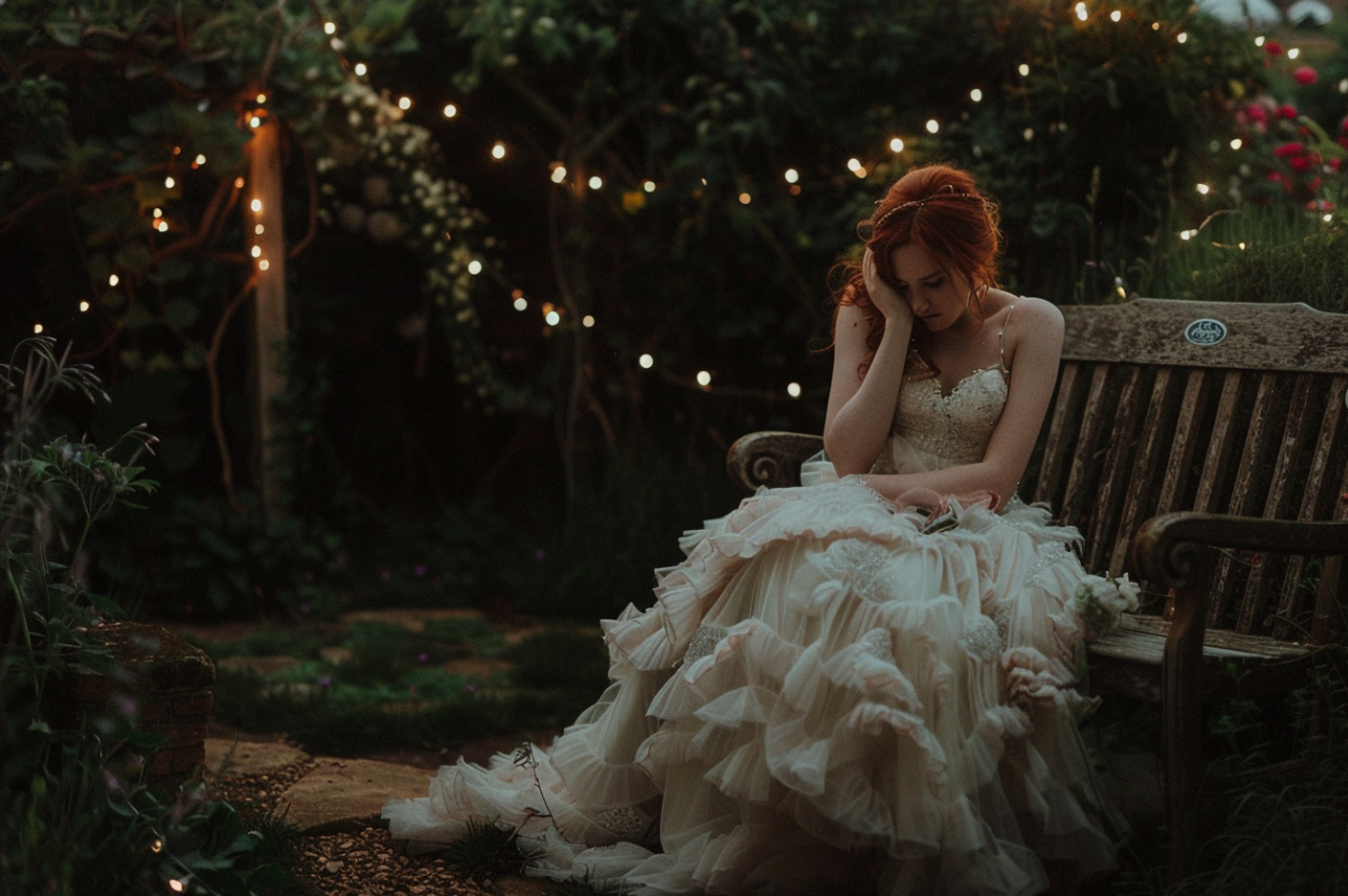 Une mariée en pleurs assise sur un banc dans le jardin | Source : MidJourney