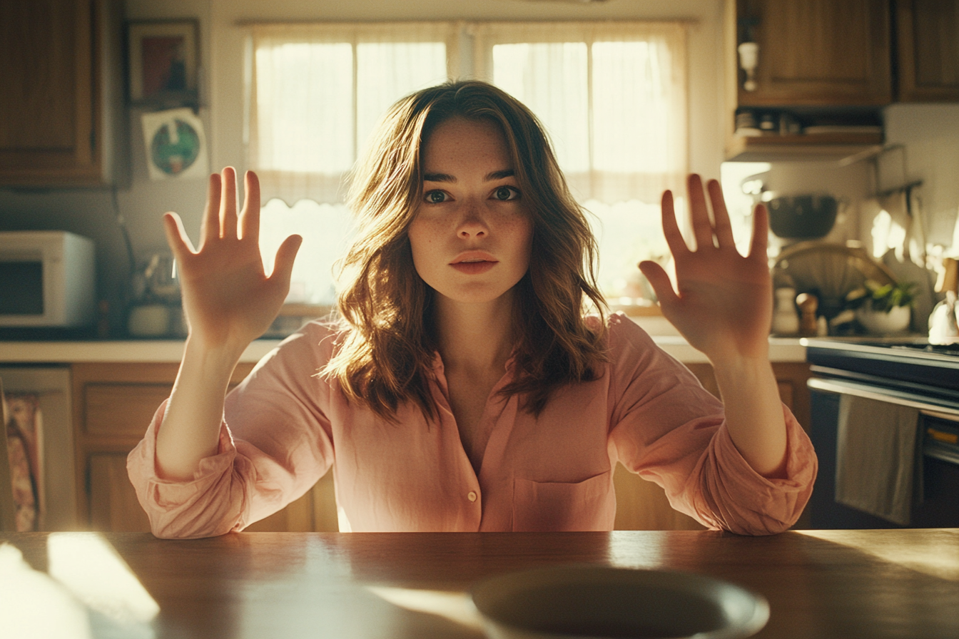 Une femme assise à une table de cuisine qui lève les mains en signe de reddition | Source : Midjourney