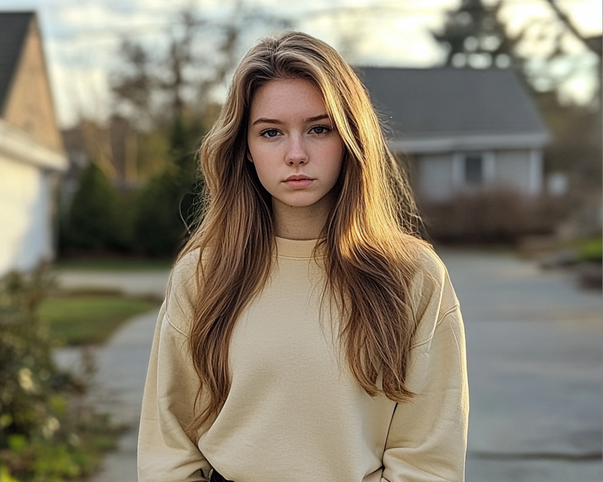 Une jeune femme pensive devant une maison | Source : Midjourney