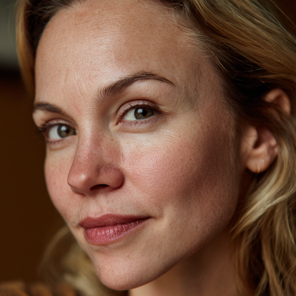 Gros plan sur le visage d'une femme affichant une expression calme et posée | Source : Midjourney