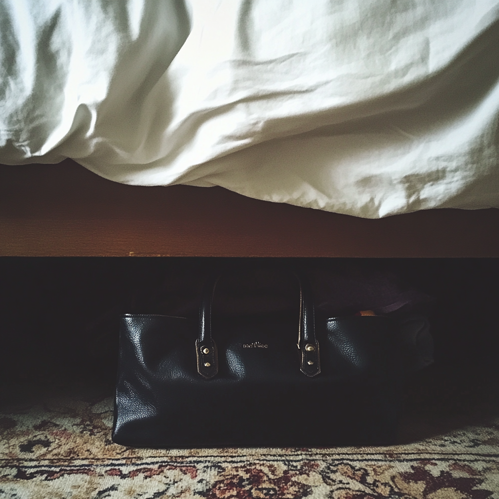 Un sac à main noir sous un lit | Source : Midjourney