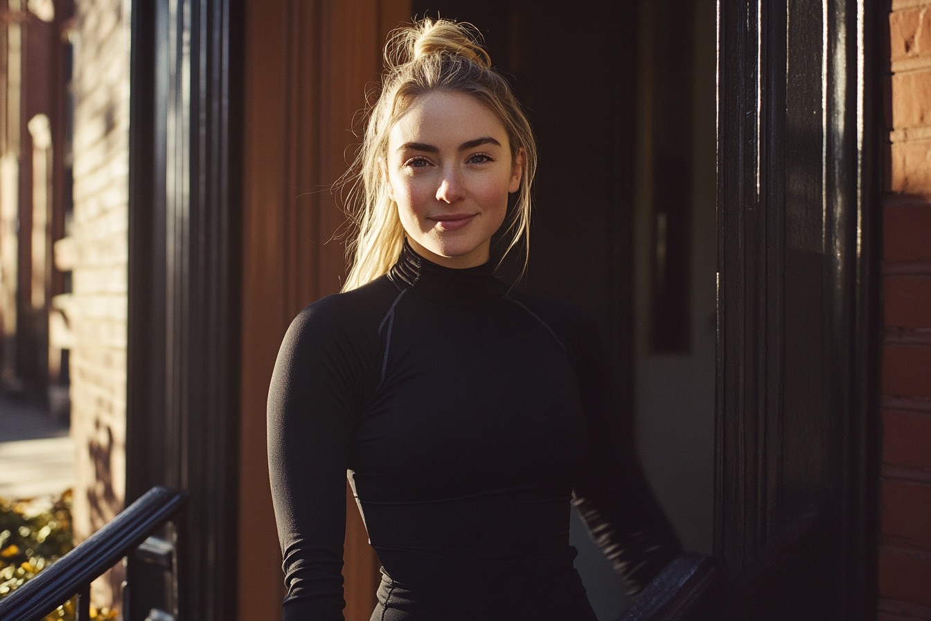 A woman in black sportswear smiles outside the door of her townhouse | Source: Midjourney