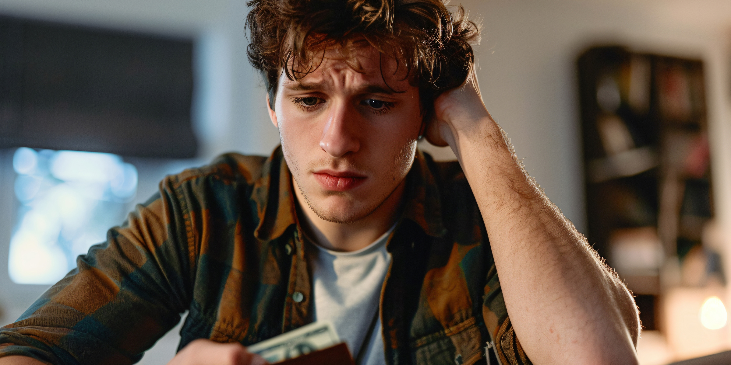 Un homme en détresse tenant son portefeuille | Source : Freepik