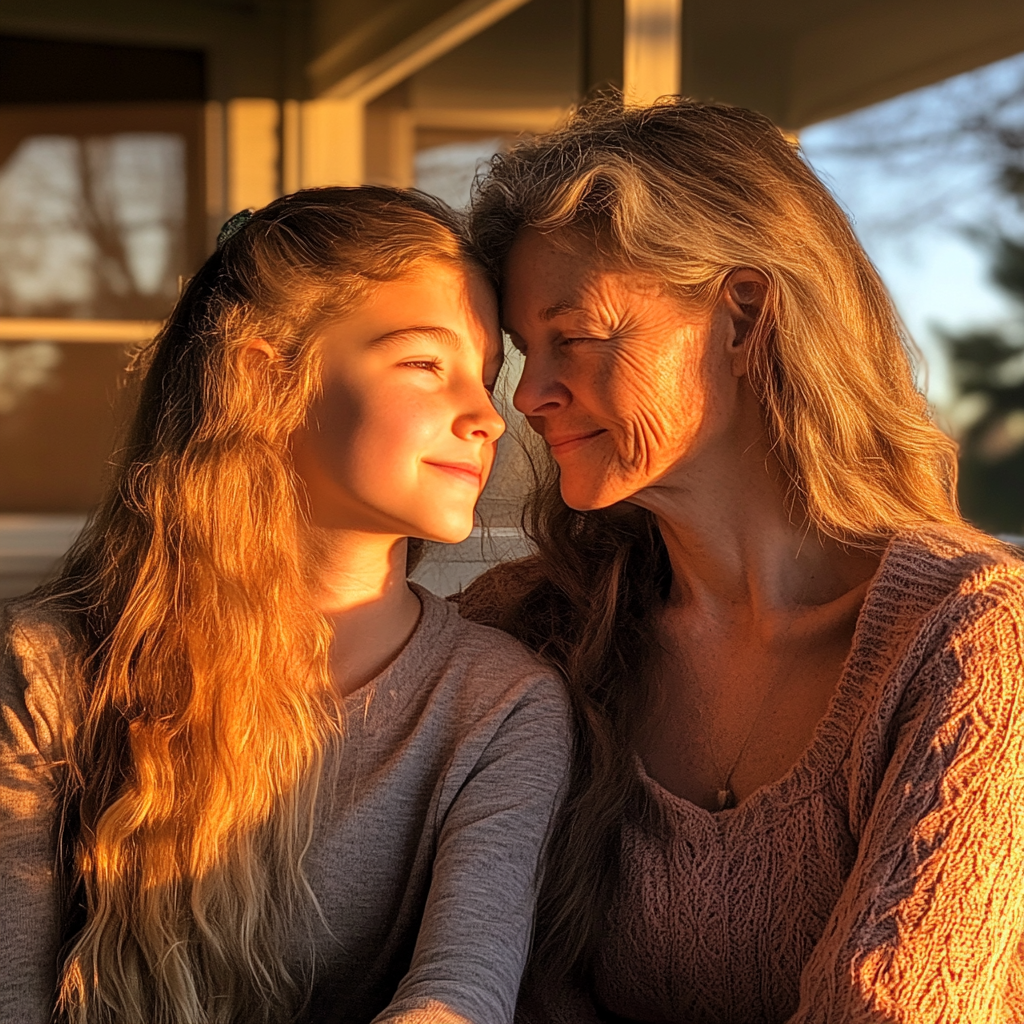 Un duo mère-fille assis sous un porche | Source : Midjourney