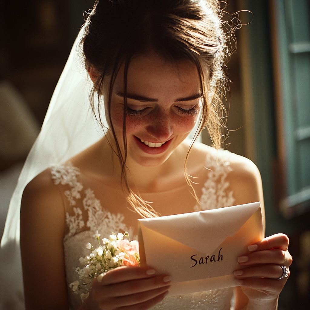 Sarah heureuse en tenant une enveloppe sur laquelle est inscrit son nom | Source : Midjourney