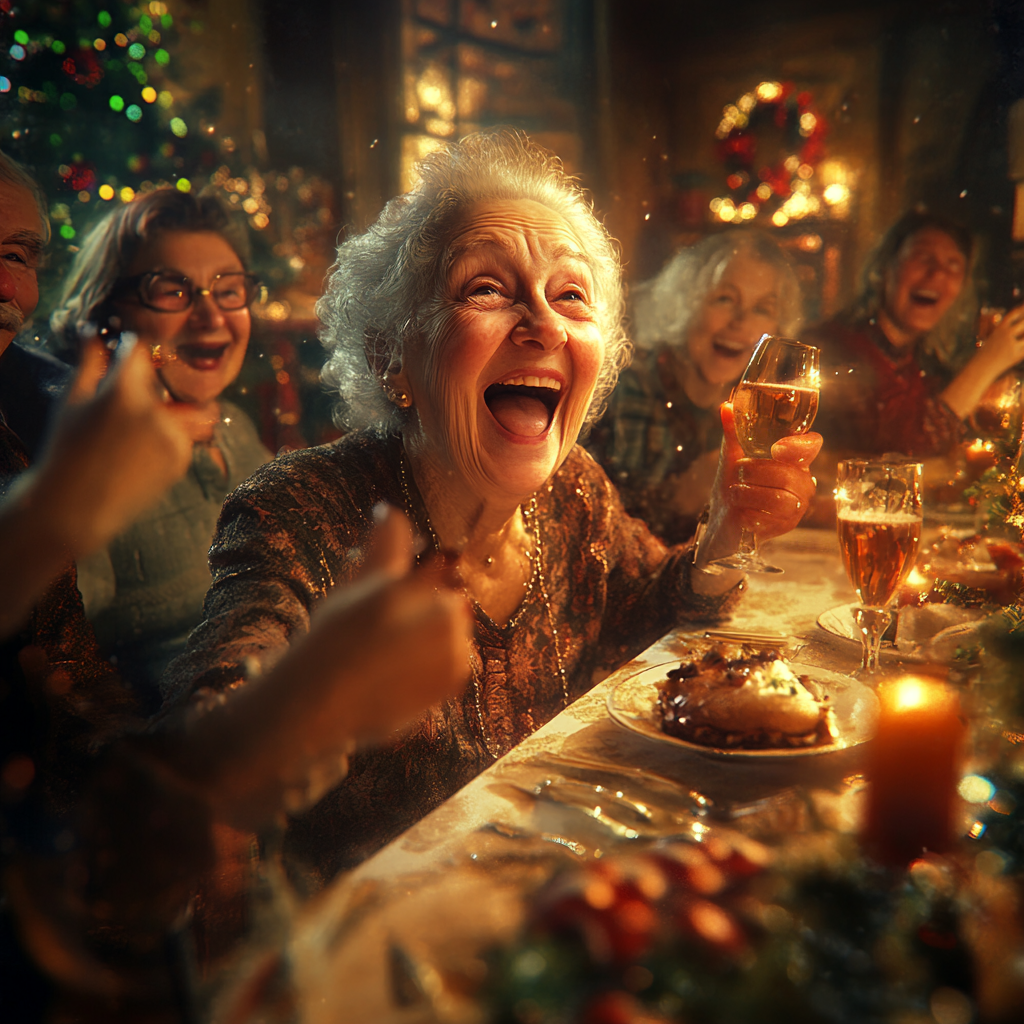 Une dame âgée joyeuse profite du repas de Noël avec ses amis | Source : Midjourney