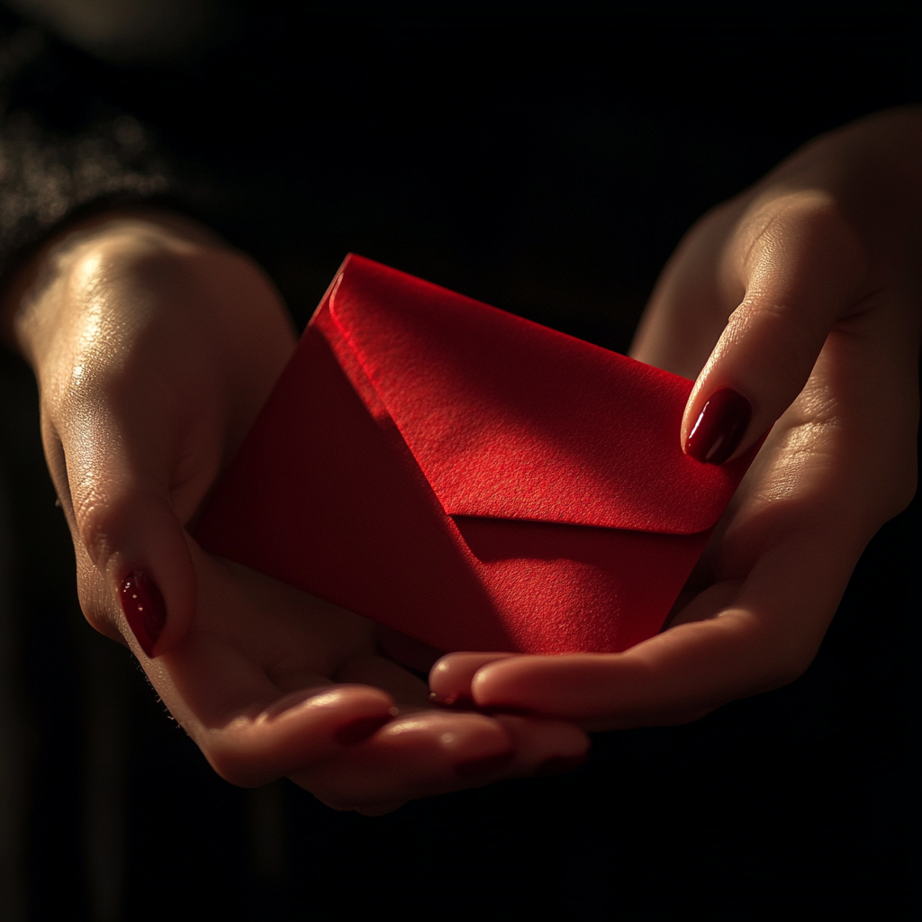 Une femme tenant une enveloppe rouge | Source : Midjourney