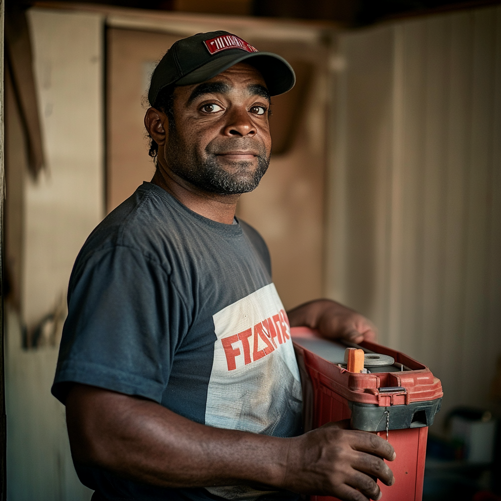 Un bricoleur esquisse un léger sourire en tenant sa boîte à outils | Source : Midjourney