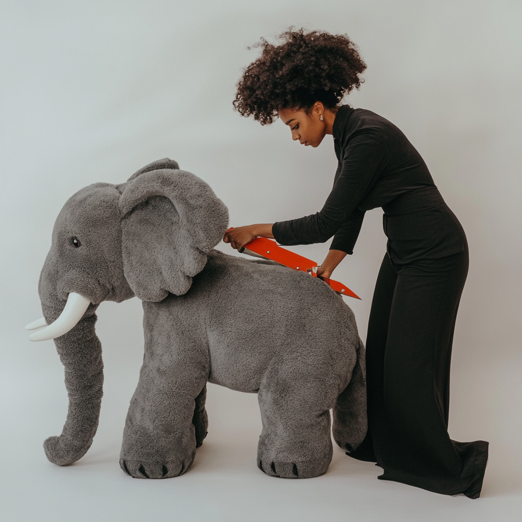 Une femme découpe un jouet géant en forme d'éléphant en peluche | Source : Midjourney