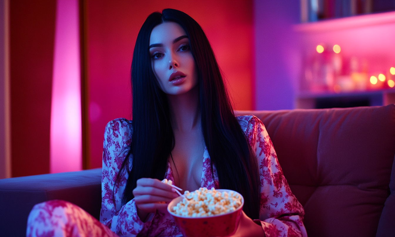 Une femme en pyjama, mangeant du pop-corn | Source : Midjourney