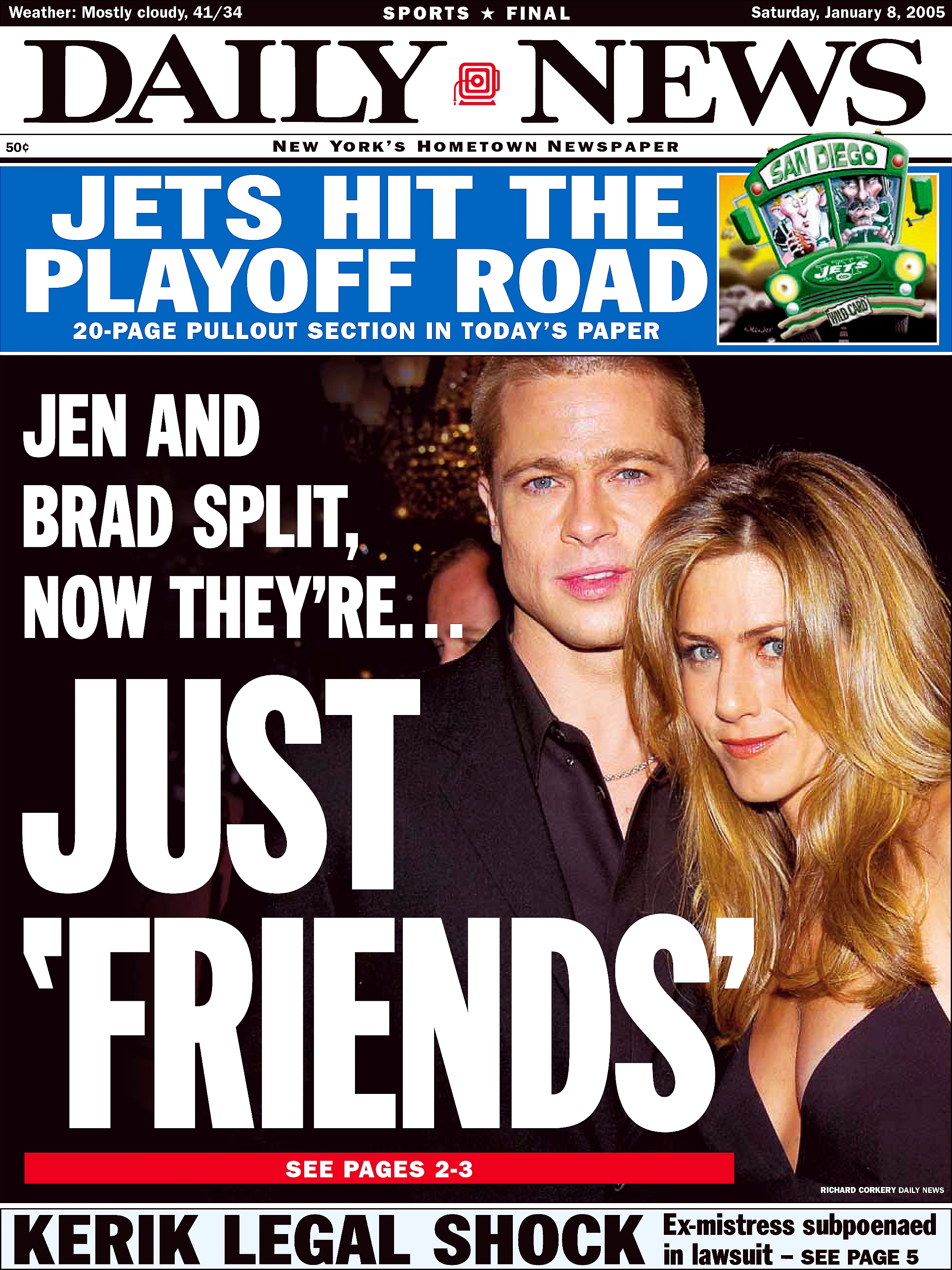 La une du New York Daily News annonce la séparation de Brad Pitt et Jennifer Aniston, avec une grande photo de l'ancien couple en couverture du journal.
