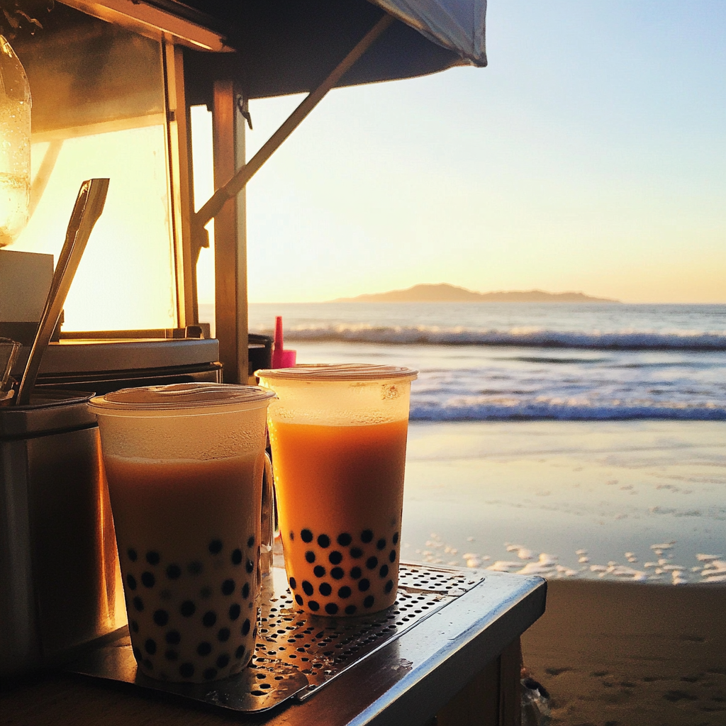 Un stand de thé boba à la plage | Source : Midjourney