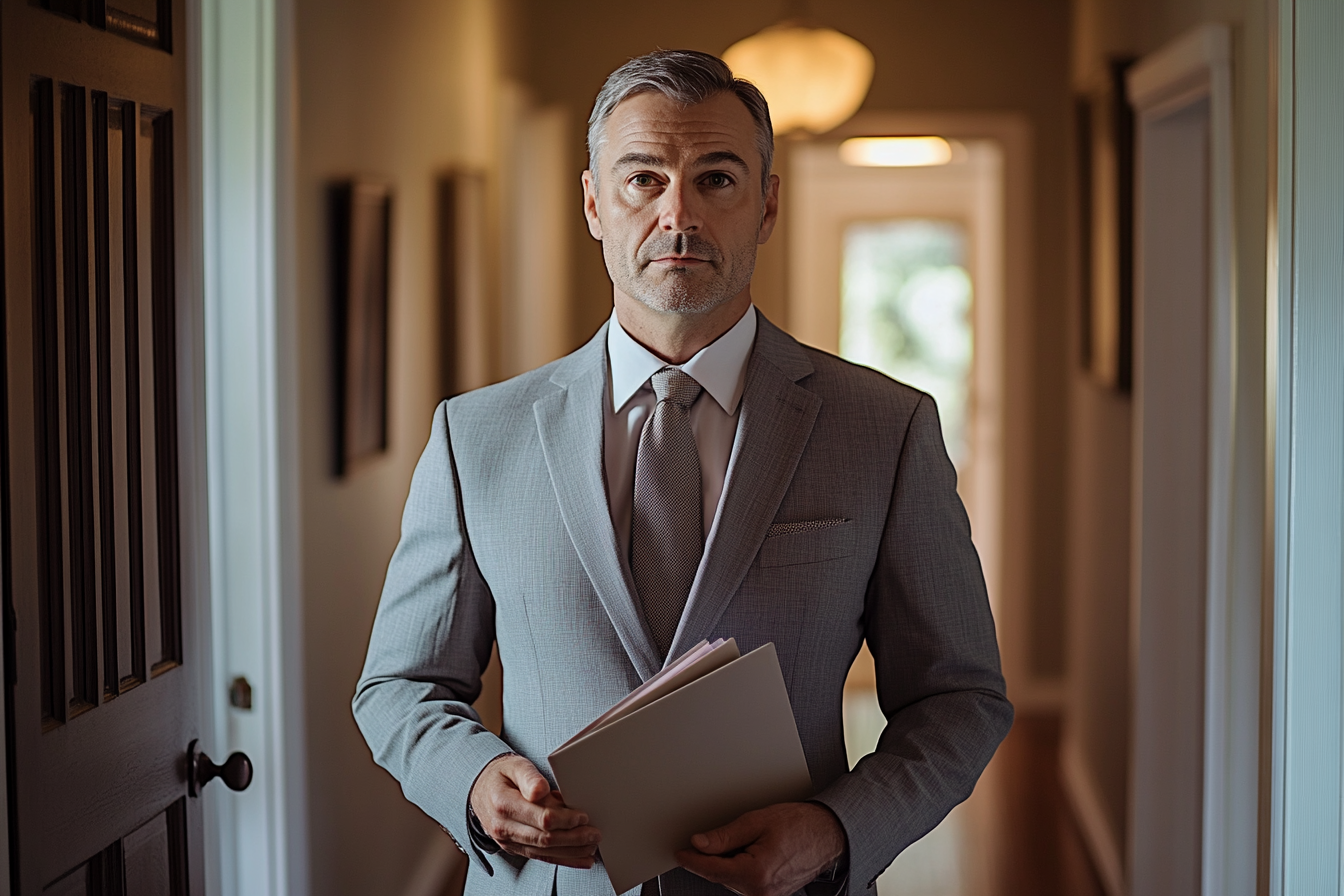 Homme en costume gris se tenant calmement dans un couloir | Source : Midjourney