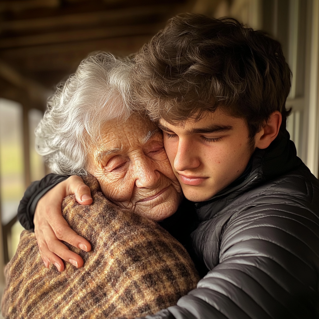 Un homme serrant sa mère âgée dans ses bras | Source : Midjourney