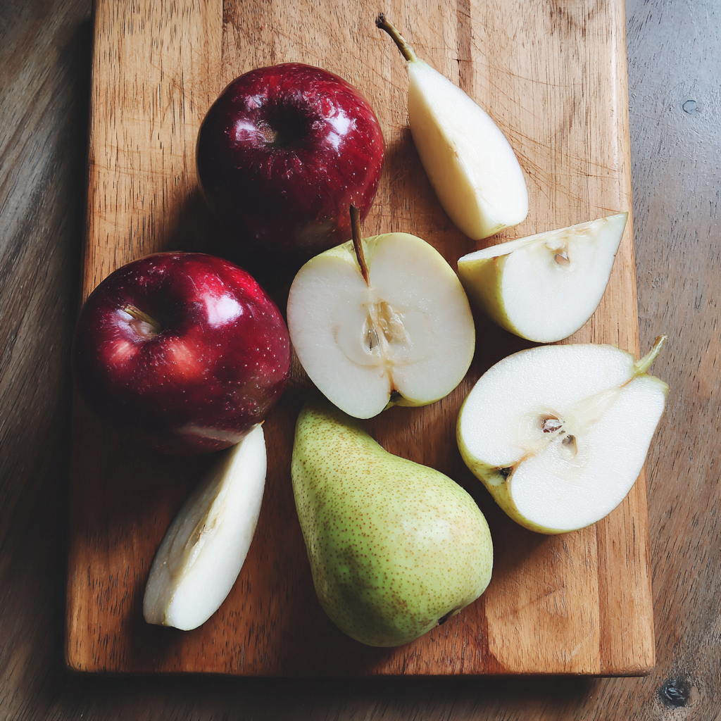 Des pommes et des poires sur une planche en bois | Source : Midjourney