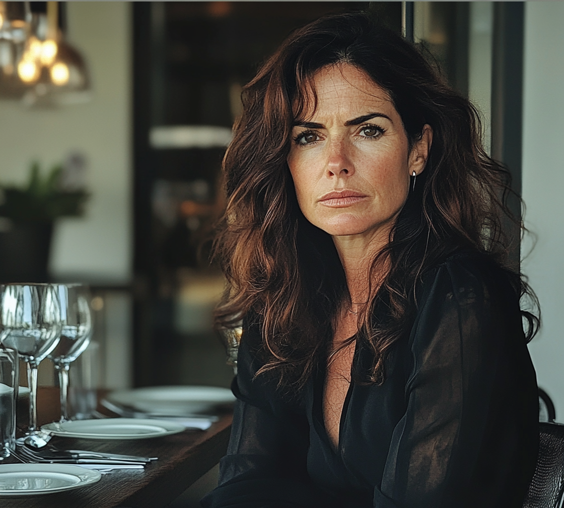 Une femme assise à une table de dîner avec des verres à vin | Source : Midjourney