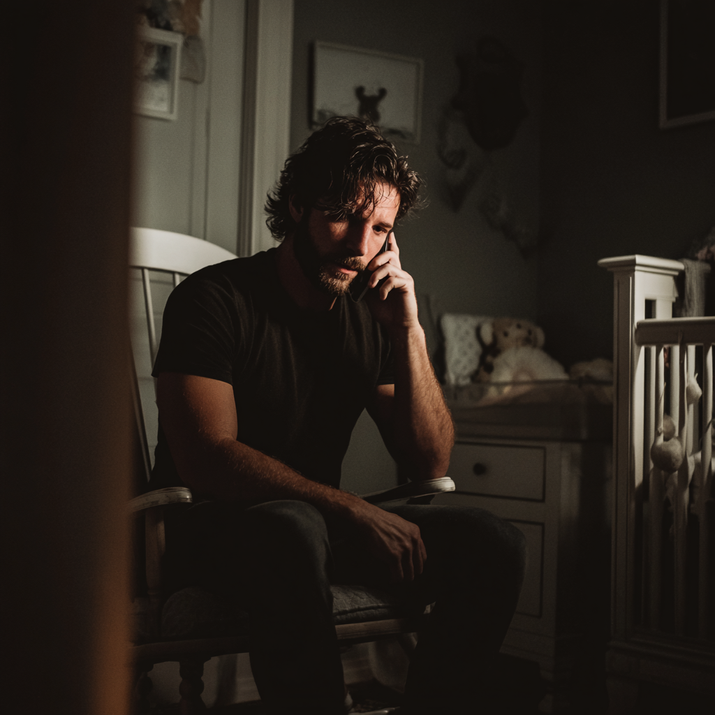 Un homme assis sur une chaise à bascule dans une chambre d'enfant | Source : Midjourney