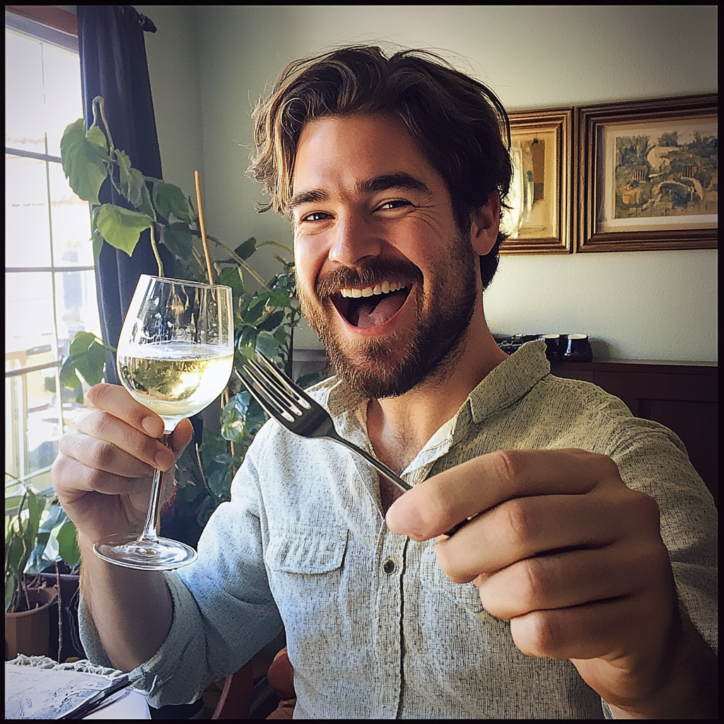 Un homme excité fait tinter son verre de vin avec une fourchette | Source : Midjourney