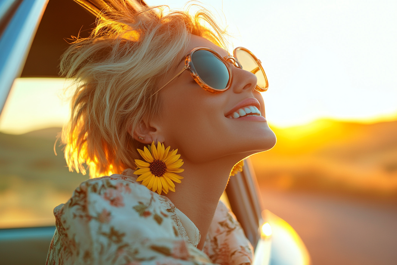 Femme d'une trentaine d'années avec des lunettes de soleil et la tête par la fenêtre d'une voiture lors d'un road trip | Source : Midjourney