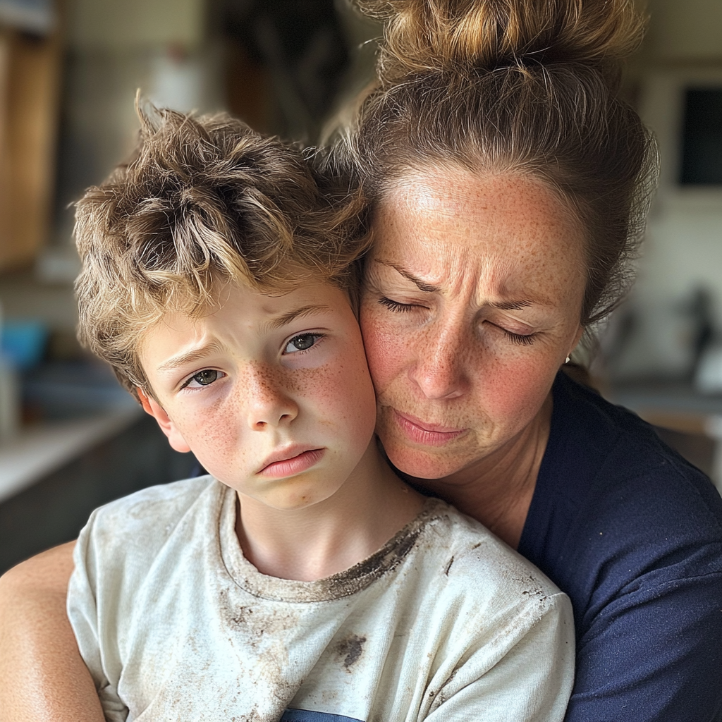 Une mère et son fils bouleversés se serrent l'un contre l'autre | Source : Midjourney