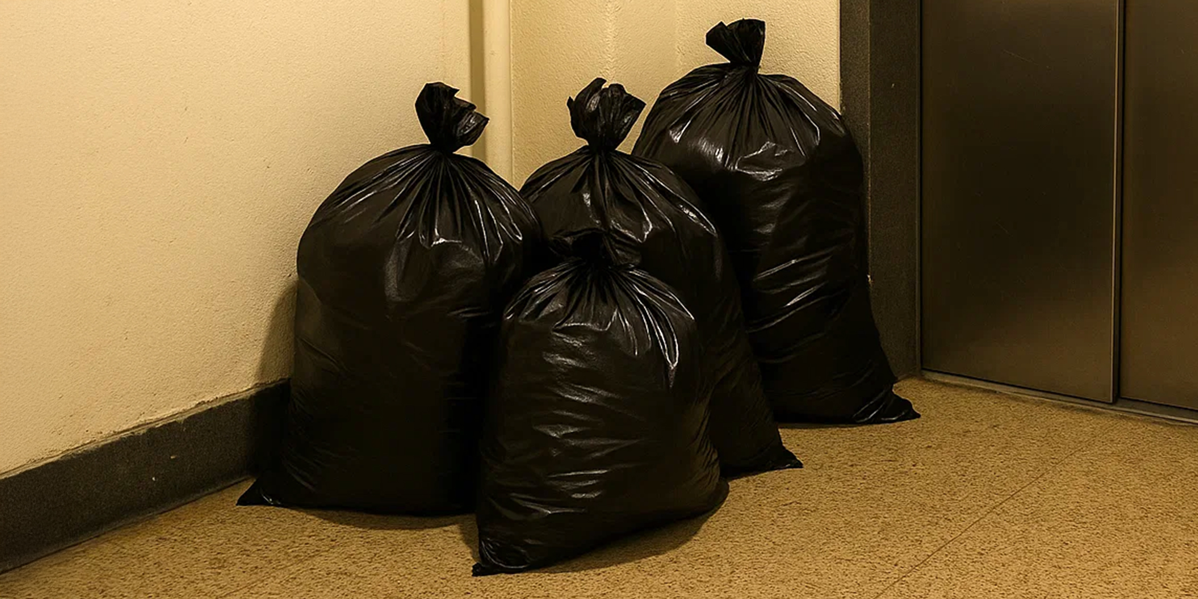 Sacs poubelles dans un couloir près de l'ascenseur | Source : The Celebritist